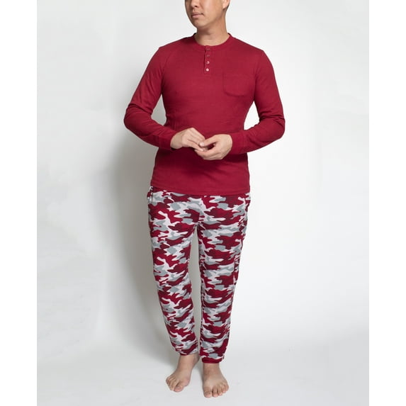 Muk Luks Men's Comfort Lounge Goals Jogger Set, Cranberry/Camo, Tall/2X