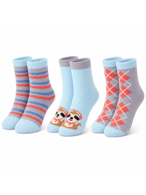 Micro Cozy Girls Socks, Soft Plush Character Pattern Girls Crew Socks, Blue, M/L, 3 Pack