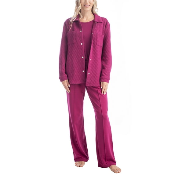 Muk Luks Quilted Shacket 3 Piece Lounge Set, Long Sleeve T-Shirt and Pants with Jacket, Berry Pink, P/L