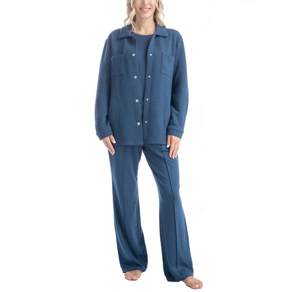 Muk Luks Quilted Shacket 3 Piece Lounge Set, Long Sleeve T-Shirt and Pants with Jacket, Denim Blue, S