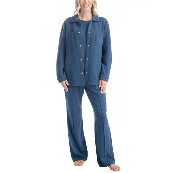 Muk Luks Quilted Shacket 3 Piece Lounge Set, Long Sleeve T-Shirt and Pants with Jacket, Denim Blue, T/1X