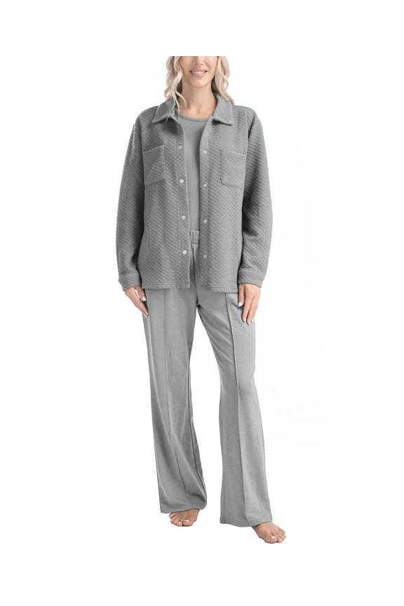 Quilted Shacket 3 Piece Lounge Set, Long Sleeve T-Shirt and Pants with Jacket, Heather Gray, M