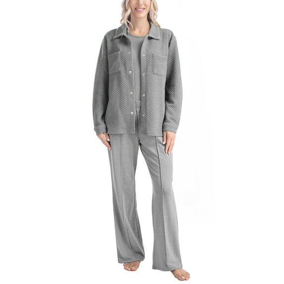 Muk Luks Quilted Shacket 3 Piece Lounge Set, Long Sleeve T-Shirt and Pants with Jacket, Heather Gray, S
