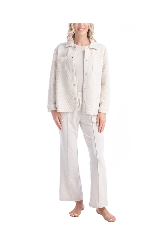 Quilted Shacket 3 Piece Lounge Set, Long Sleeve T-Shirt and Pants with Jacket, Heather Oatmeal, M