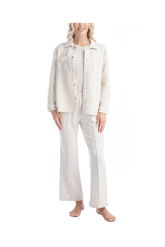 Quilted Shacket 3 Piece Lounge Set, Long Sleeve T-Shirt and Pants with Jacket, Heather Oatmeal, XL