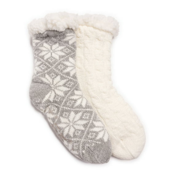 MukLuks Women's Cabin Socks, 2 Pack, Grey Snowflake, S/M