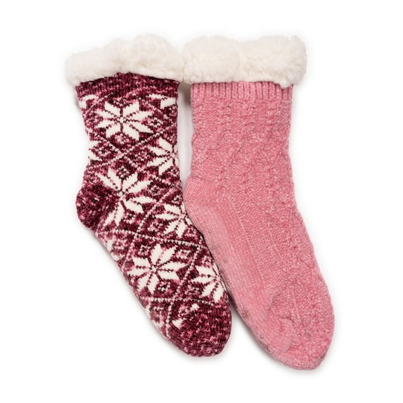 Muk Luks Women's Chenille Plush Lined Cabin Socks, 2-Pack, Sizes S-XL