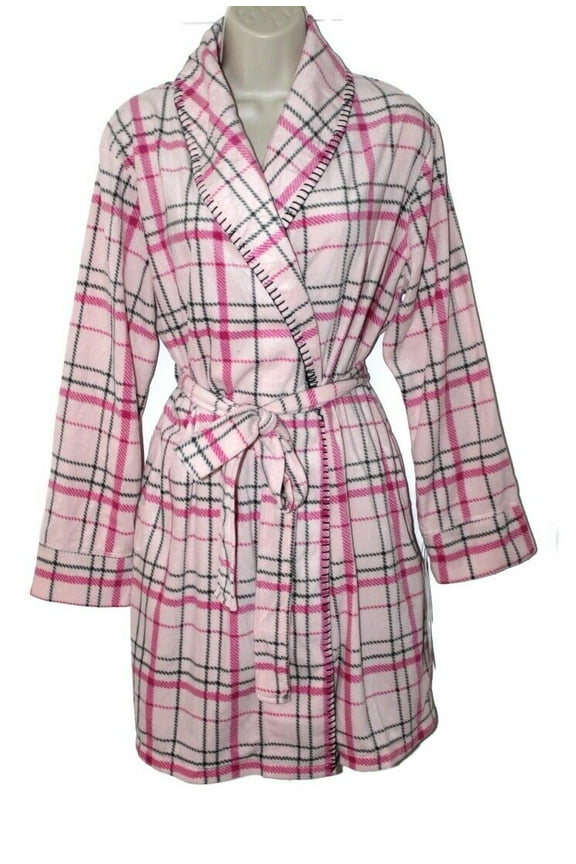 Women's Cozy Short Fleece Robe Etched Pink Plaid Size Medium