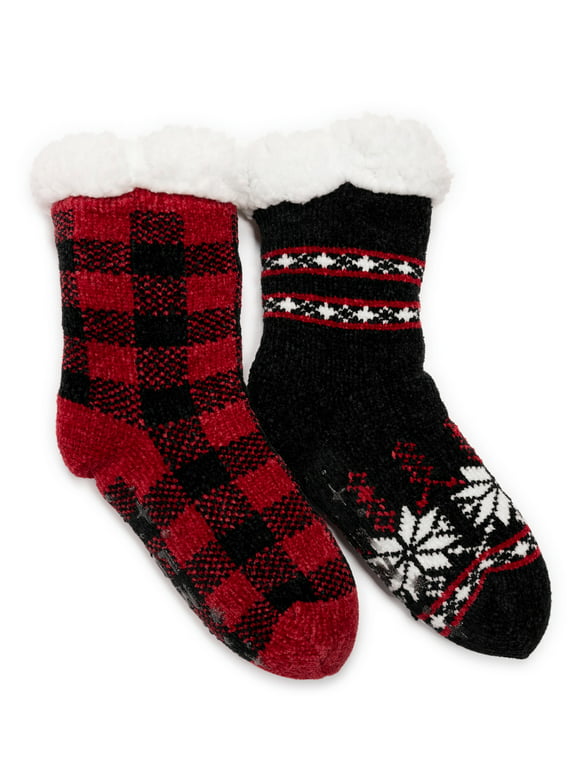 Muk Luks Women's Fuzzy Chenille Plush Lined Cabin Socks, 2-Pack, Sizes S-XL