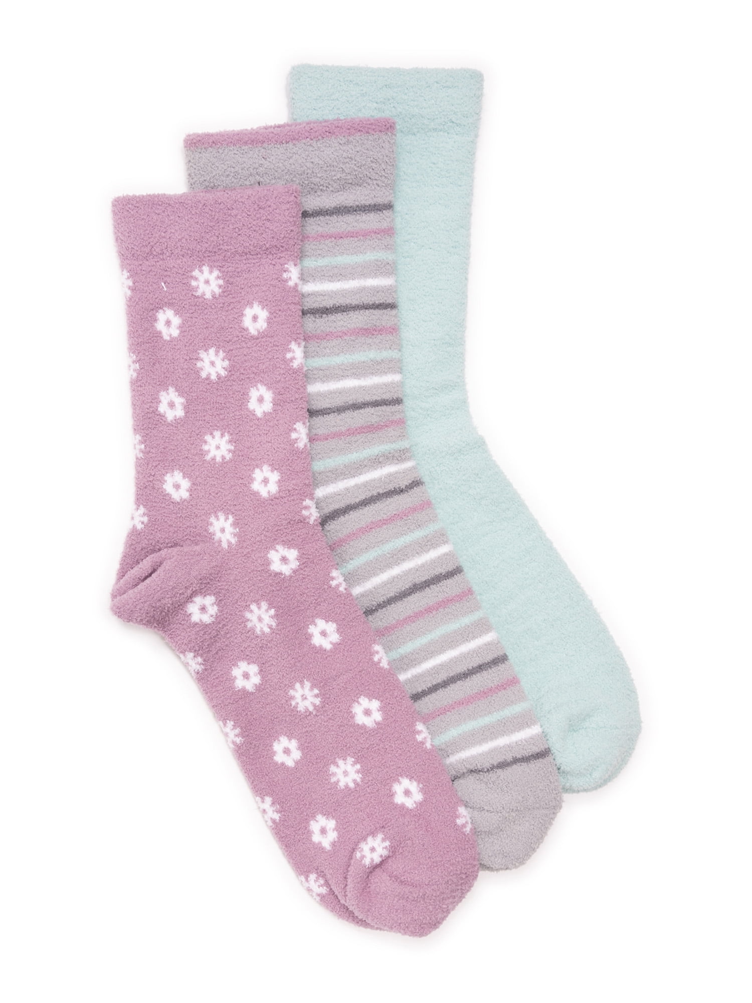 Muk Luks Women's Regular Crew Compression Socks, 3-Pack, Shoe Sizes 6-10,Purple Flower