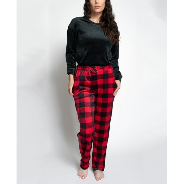 Muk Luks Women's Silky Velour Pajama Set, Black/Buffalo, P/M