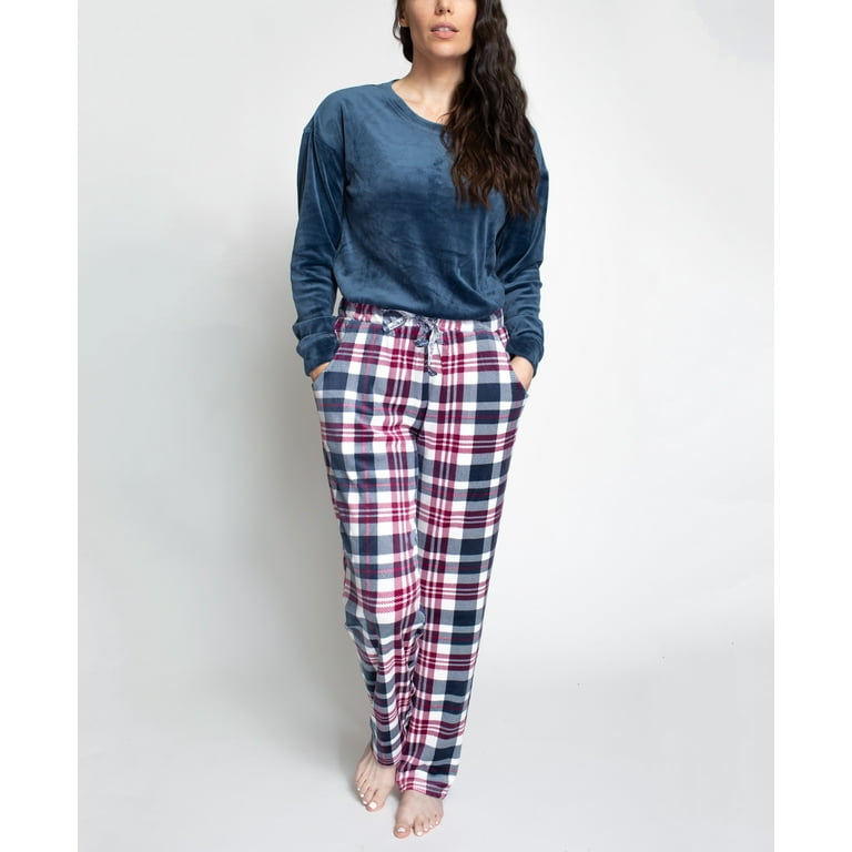 Muk Luks Women's Silky Velour Pajama Set, Navy/Navy Plaid, T/S