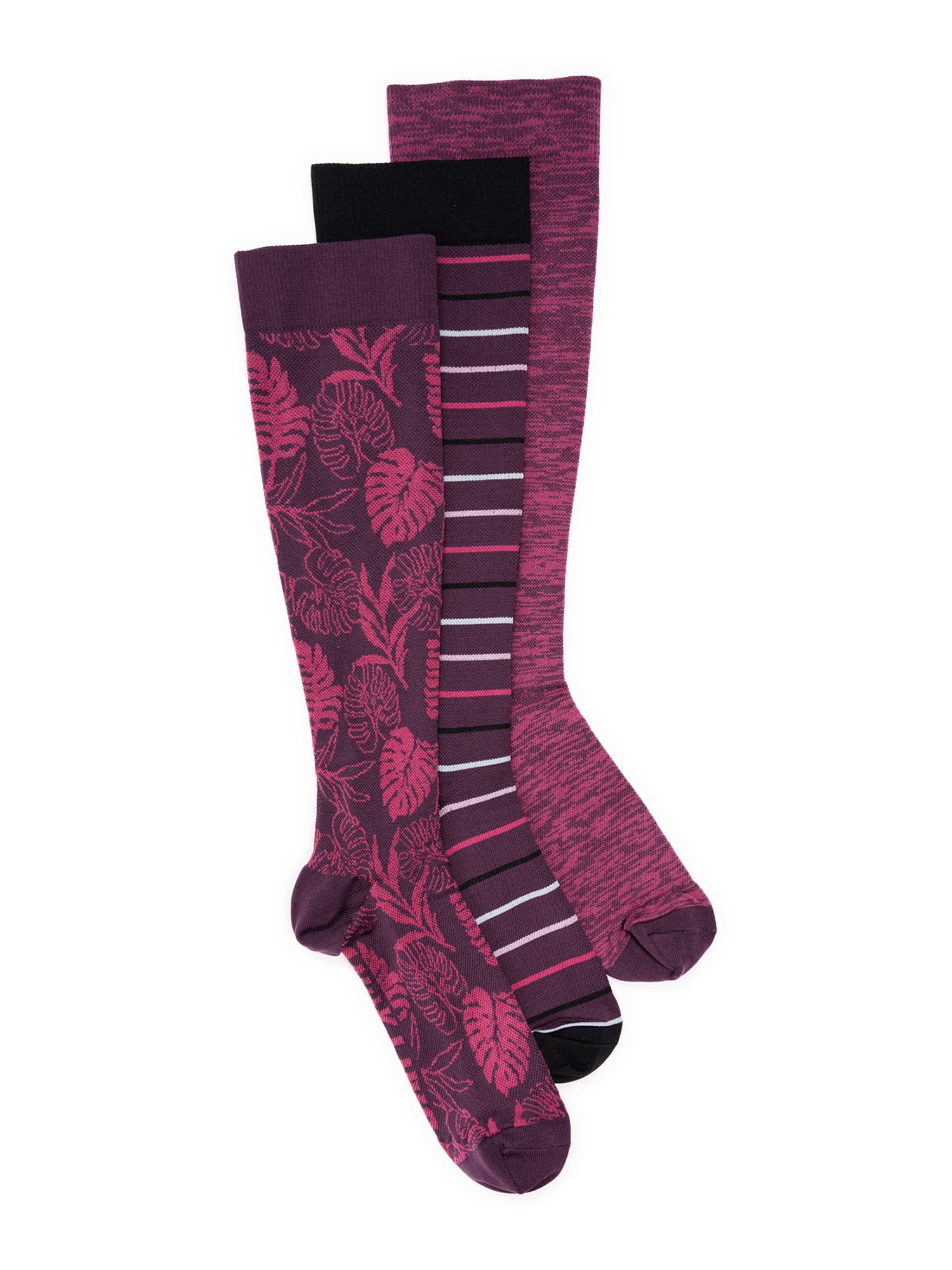 Muk Luks Women's Wide Width Nylon Knee-High Compression Socks, 3-Pack, Shoe Size 6-10
