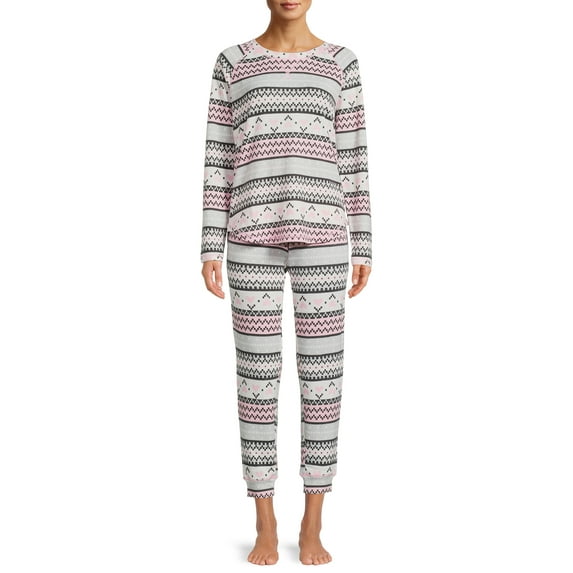 Muk Luks Women's and Women's Plus Long Sleeve Top and Pants Eye Mask, 2-Piece Pajama Set