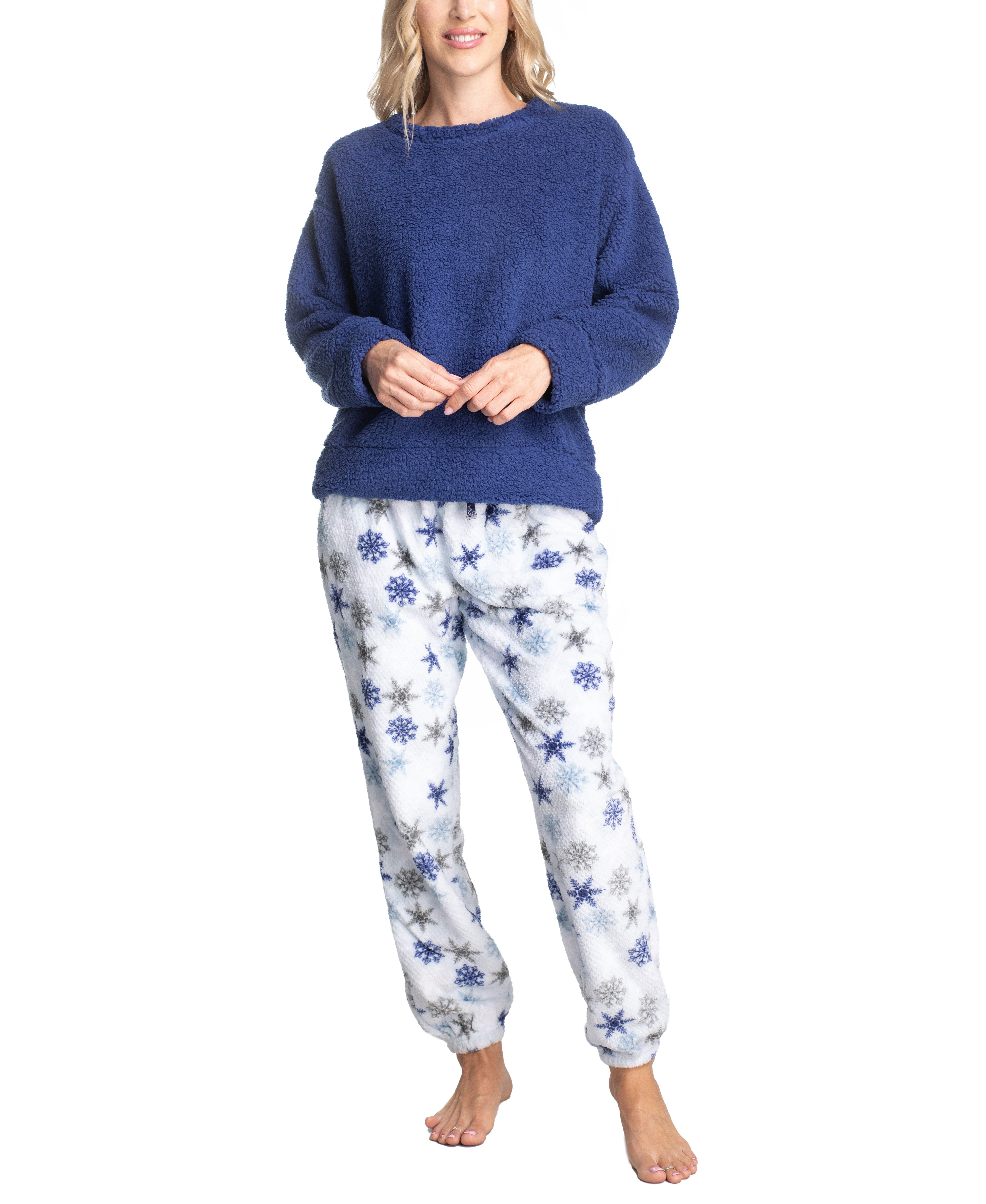 Muk Luks Women's and Women's Plus Sherpa Plush Pajama Set, Navy