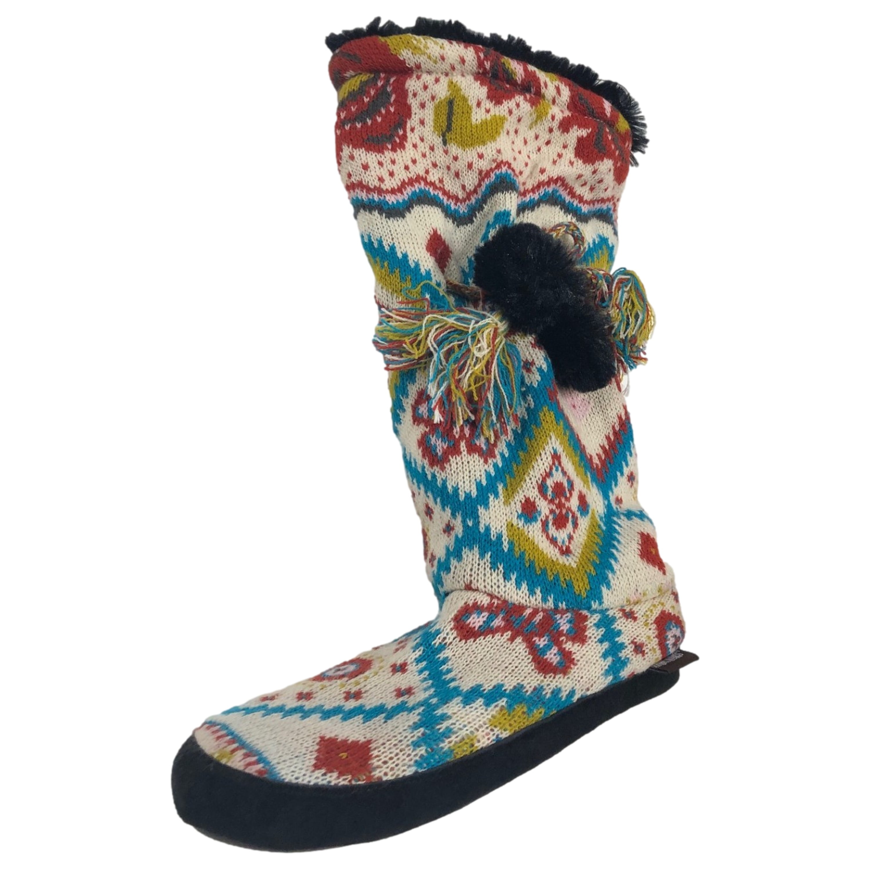 Muk Luks Womens Beige & Blue Geometric Print Plush Bootie Slippers Small 5-6