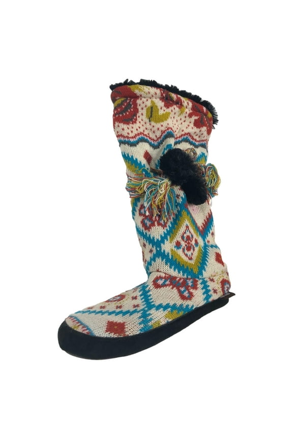 Womens Beige & Blue Geometric Print Plush Bootie Slippers Small 5-6