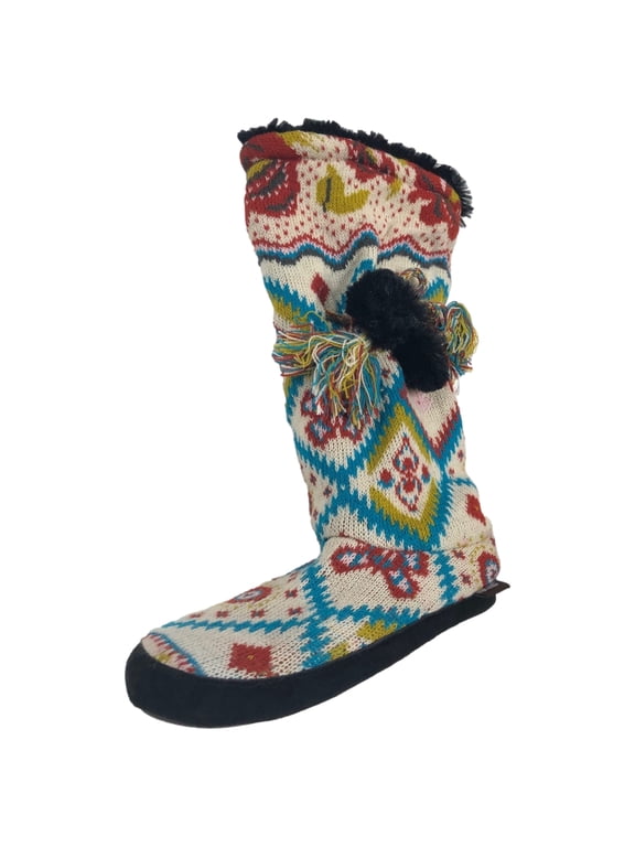 Womens Beige & Blue Geometric Print Plush Bootie Slippers Small 5-6