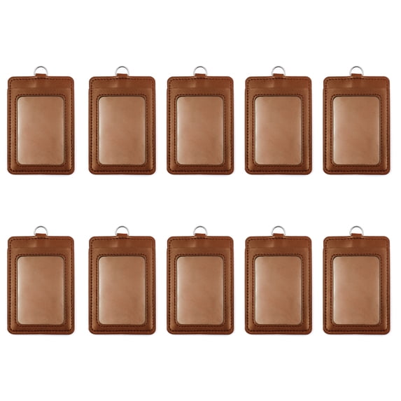 Muka 10 Pcs PU Leather Badge Holders, Vertical Horizontal ID Badge Holder with 1 Clear ID Window and 1 Credit Card Slot-Brown-vertical