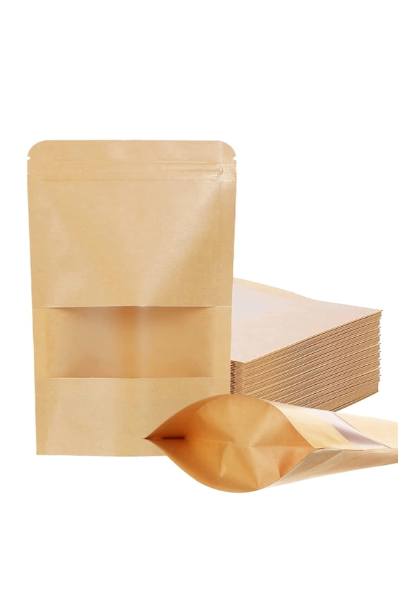 100 Pcs Kraft Stand Up Pouch with Matte Window, 7 x 10.2 Inches Heat Sealable Zip Lock Food Pouches for Small Business (7 x 10.2 Inch)