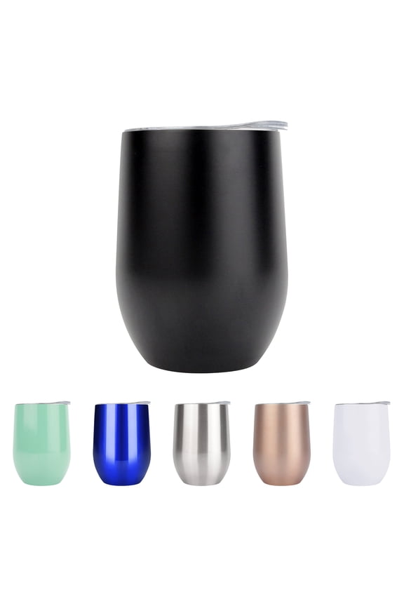 12 Oz Stainless Steel Wine Tumbler with Lid, Double Wall Vacuum Insulated Travel Cup-Black