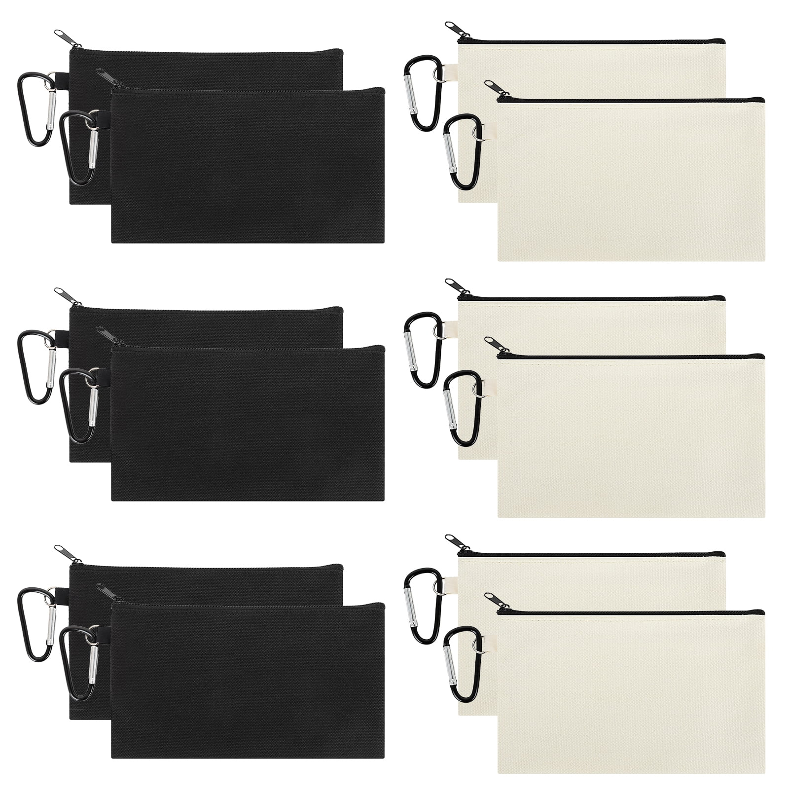 Muka 12 Pack Canvas Purse with Zipper & Metal Clip, 7-3/4 x 4-1/2 Inches Pencil Case (Black & Natural)
