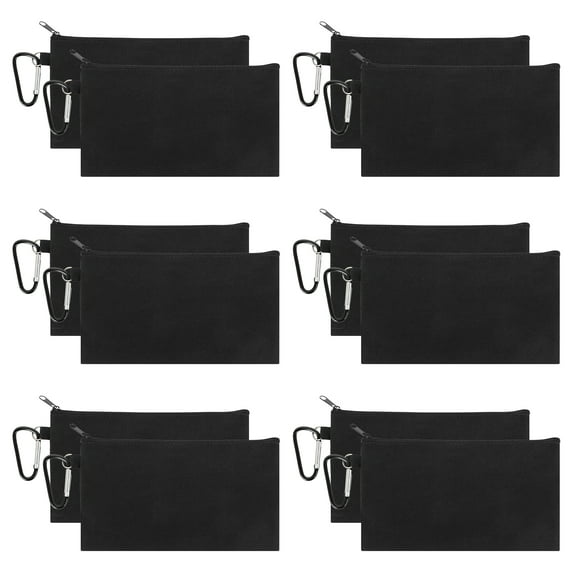 Muka 12 Pack Canvas Zipper Pouch with Metal Carabiner, Black Pencil Case 7-3/4 x 4-1/2 Inches