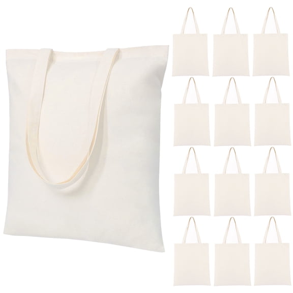 Muka 12 Pack Cotton Canvas Reusable Recycled Grocery Shopping Tote Bag, for DIY Advertising Promotion Gift, 14"W x 16"H-Natural-12Pcs