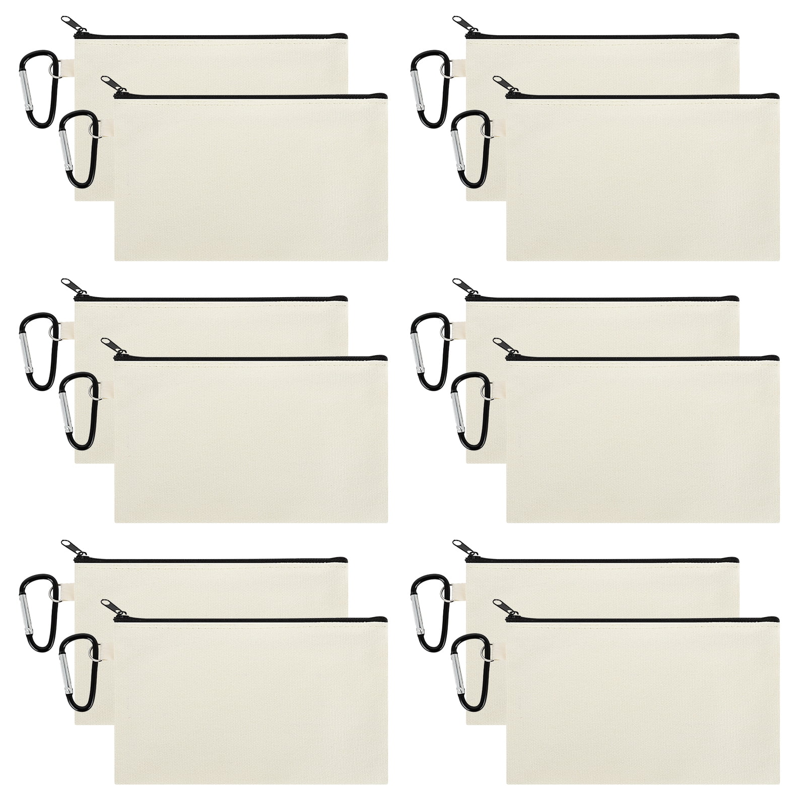 Muka 12 Pack Natural Canvas Purse with Black Zipper & Metal Clip, 7-3/4 x 4-1/2 Inches Pencil Case