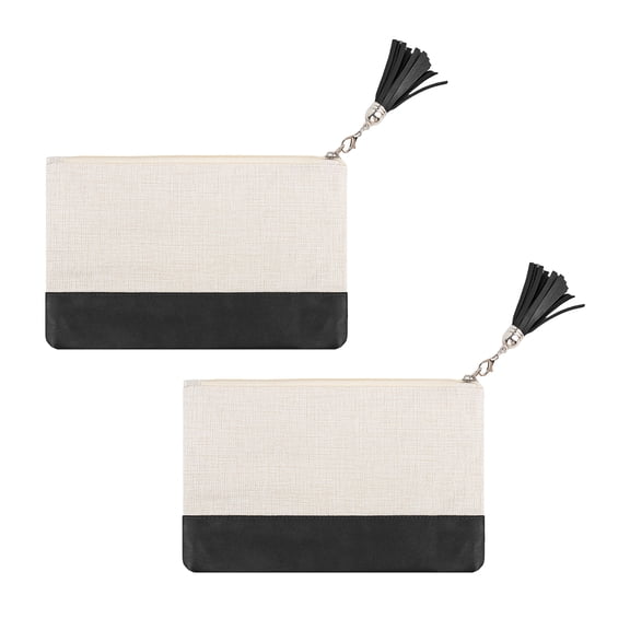 Muka 2 Pack Cosmetic Bag with Tasseled Zipper Pull, Linen Makeup Bag with Black PU Leather