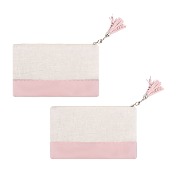 Muka 2 Pack Cosmetic Bag with Tasseled Zipper Pull, Linen Makeup Bag with Pink PU Leather