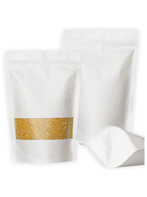 50 Pcs 8 OZ White Kraft Paper Stand Up Zip Pouch with Frosted Window, 7"W x 10"H x 3"D