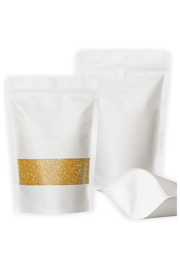 50 Pcs 8 OZ White Kraft Paper Stand Up Zip Pouch with Frosted Window, 7"W x 10"H x 3"D