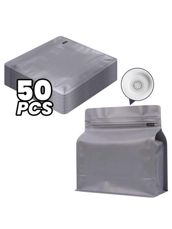 50 Pcs Coffee Bags with Valve, 16 oz Matte Finish Stand-Up Bags, Resealable Zipper Packaging Bags (7.6 x 8 x 3.1 Inch)-Grey