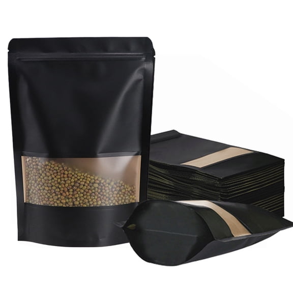 Muka 50 Pcs Resealable bags, 4 X 6 Stand Up Black Paper Bags with Matte Window, Zipper Food Storage Bags for Packaging Products