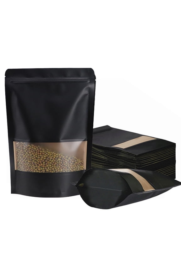 50 Pcs Resealable bags, 6.7 x 9.5 Stand Up Black Paper Bags with Matte Window, Zipper Food Storage Bags for Packaging Products