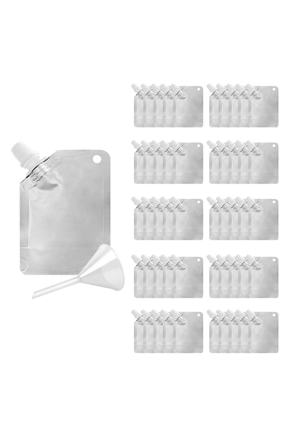 50 Pcs Silver Foil Spout Bag, Reclosable Spout Pouch with Funnel, Heavy Duty Stand-up Pouches (1.75 OZ,50 ML)