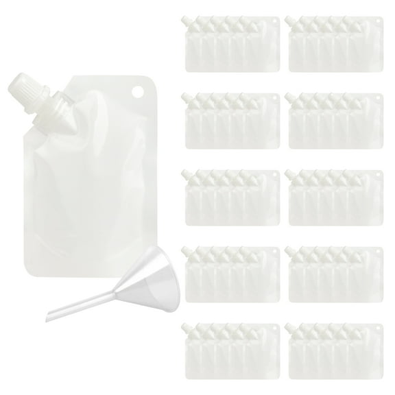 Muka 50 Pcs White Plastic Liquid Pouch, Reclosable Spout pouch with funnel, Liquor Flasks for Wine, Milk, Juice Package (1.75 OZ, 50 ML)