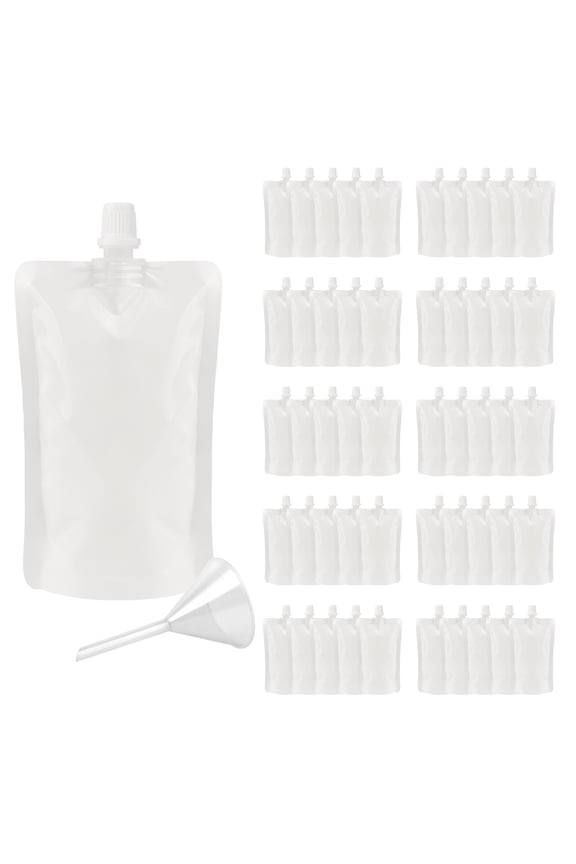 50 Pcs White Plastic Liquid Pouch, Reclosable Spout pouch with funnel, Liquor Flasks for Wine, Milk, Juice Package (3.25 OZ, 100 ML)