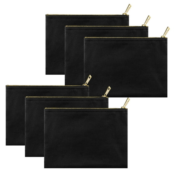 Muka 6 Pack Blank DIY Canvas Makeup Bags with Gold Zipper Multipurpose Toiletry Bag 8 x 6 Inch-Black