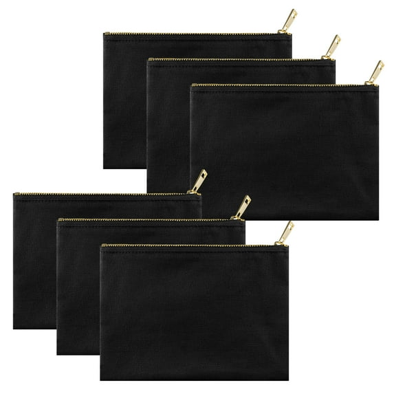 Muka 6 Pack Blank DIY Canvas Makeup Bags with Gold Zipper Multipurpose Toiletry Bag 8 x 6 Inch-Black