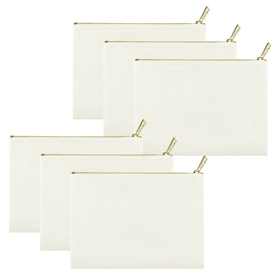 Muka 6 Pack Blank DIY Canvas Makeup Bags with Gold Zipper Multipurpose Toiletry Bag 8 x 6 Inch-White