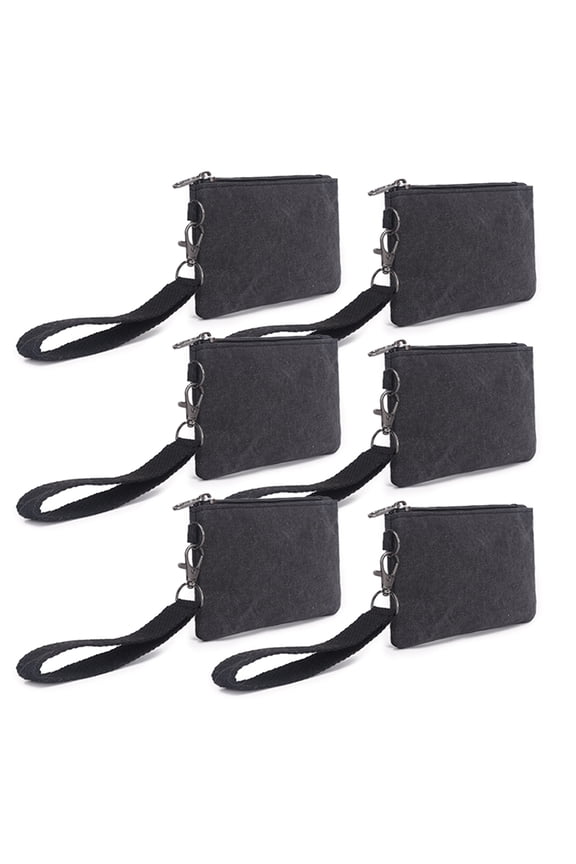 6 Pack Mini Wristlet Makeup Pouch, Cute Small Canvas Bag, 5-1/2" x 3-1/2" Zipper Coin Purse-Black