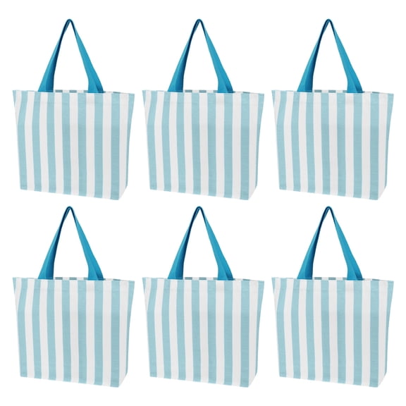 Muka 6 Pack Small Striped Canvas Tote Bag, Mini Handheld Cotton Shopping Bags Bulk-Blue