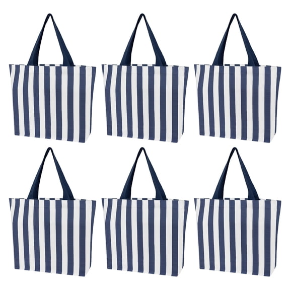 Muka 6 Pack Small Striped Canvas Tote Bag, Mini Handheld Cotton Shopping Bags Bulk-Navy