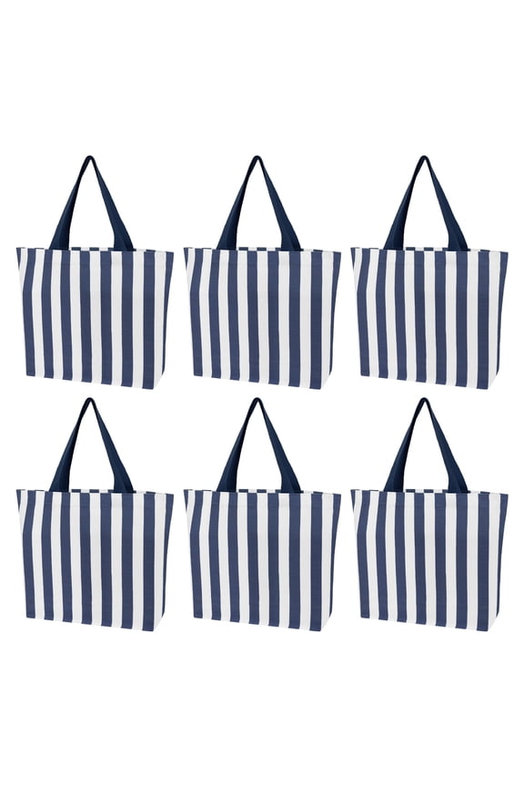 6 Pack Small Striped Canvas Tote Bag, Mini Handheld Cotton Shopping Bags Bulk-Navy