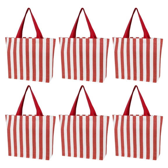 Muka 6 Pack Small Striped Canvas Tote Bag, Mini Handheld Cotton Shopping Bags Bulk-Red