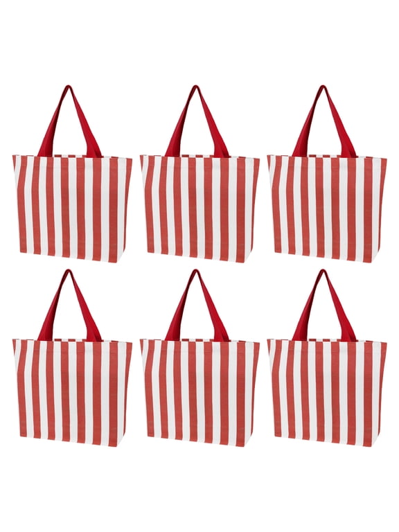 6 Pack Small Striped Canvas Tote Bag, Mini Handheld Cotton Shopping Bags Bulk-Red