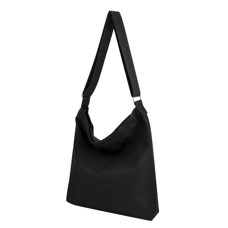 Muka Canvas Shoulder Bag with Zipper, Black Hobo Crossbody Handbag