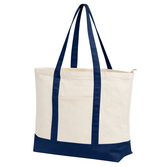 Muka Canvas Tote Bags with an External Pocket, Zipper Closure Reusable Grocery Shopping Bag-Natural / Navy